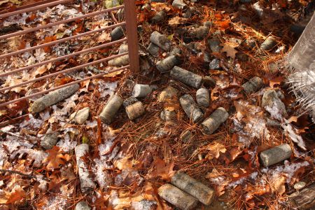 Waste cylinders of test rock lie scattered in an abandoned exploration camp beside Lake Kipawa. Photo by Claire Stewart-Kanigan